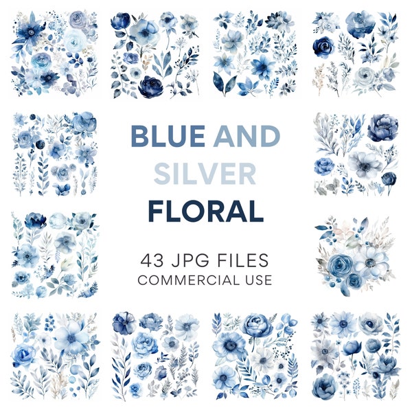 Blue & Silver Floral Clipart, Vintage Blue Flower Art, Glitter Overlay for Invitation JPG