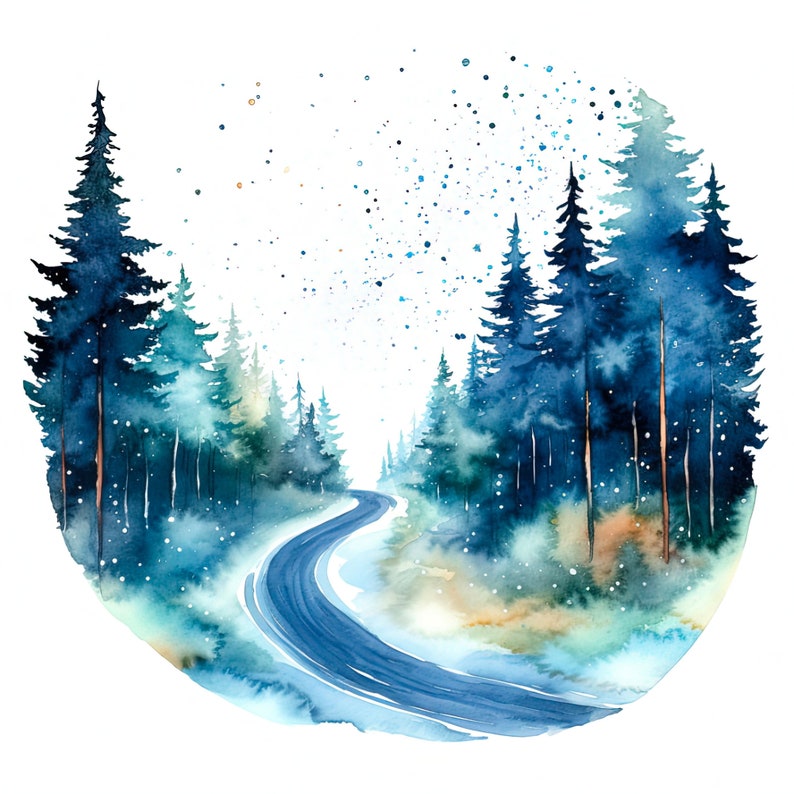Op de afbeelding: Een aquarel schilderij van een kronkelende weg door een besneeuwd bos. De bomen zijn diepblauw en groen, en de weg is lichtblauw. De achtergrond is lichtblauw met witte stippen.