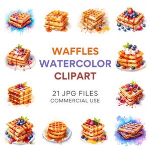 Waffles Clipart Bundle: Food, Breakfast, Dessert, Sweets, Pancakes - Watercolor, Kawaii, Brunch Clipart Downloads in JPG, for Commercial Use
