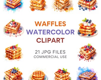 Waffles Clipart Bundle: Food, Breakfast, Dessert, Sweets, Pancakes - Watercolor, Kawaii, Brunch Clipart Downloads in JPG, for Commercial Use
