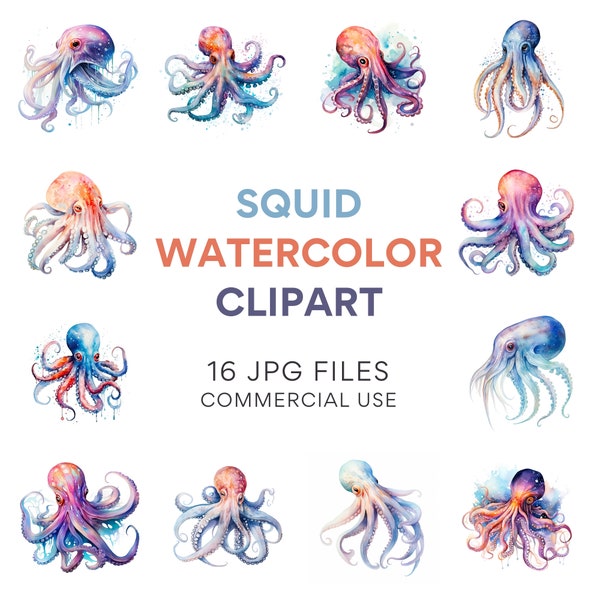 Squid Clipart | 16 High-Quality JPGs - Watercolor, Digital Planners, Junk Journals, Wall Art, Commercial Use, Digital Download