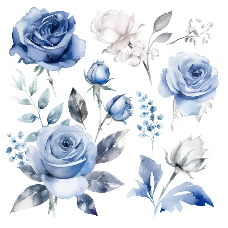 Vintage Blue Roses Clipart 49 High-quality Jpgs Watercolor, Digital ...