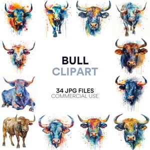 Bull Clipart Watercolor Wall Art, Digital Scrapbook Images, Collage Clipart Pack, JPG Digital Crafting Download, Commercial Use Bull Prints