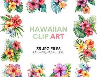 Imágenes prediseñadas hawaianas: Luau de acuarela, Paquete de imágenes prediseñadas de verano, Flores tropicales, Descarga digital, JPG