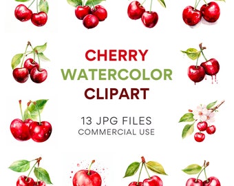 Cherry Clipart Bundle, Watercolor Cherry & Blossom, Digital Download, Spring Clipart, Food And Fruit Clipart, JPG, Commercial Use Images