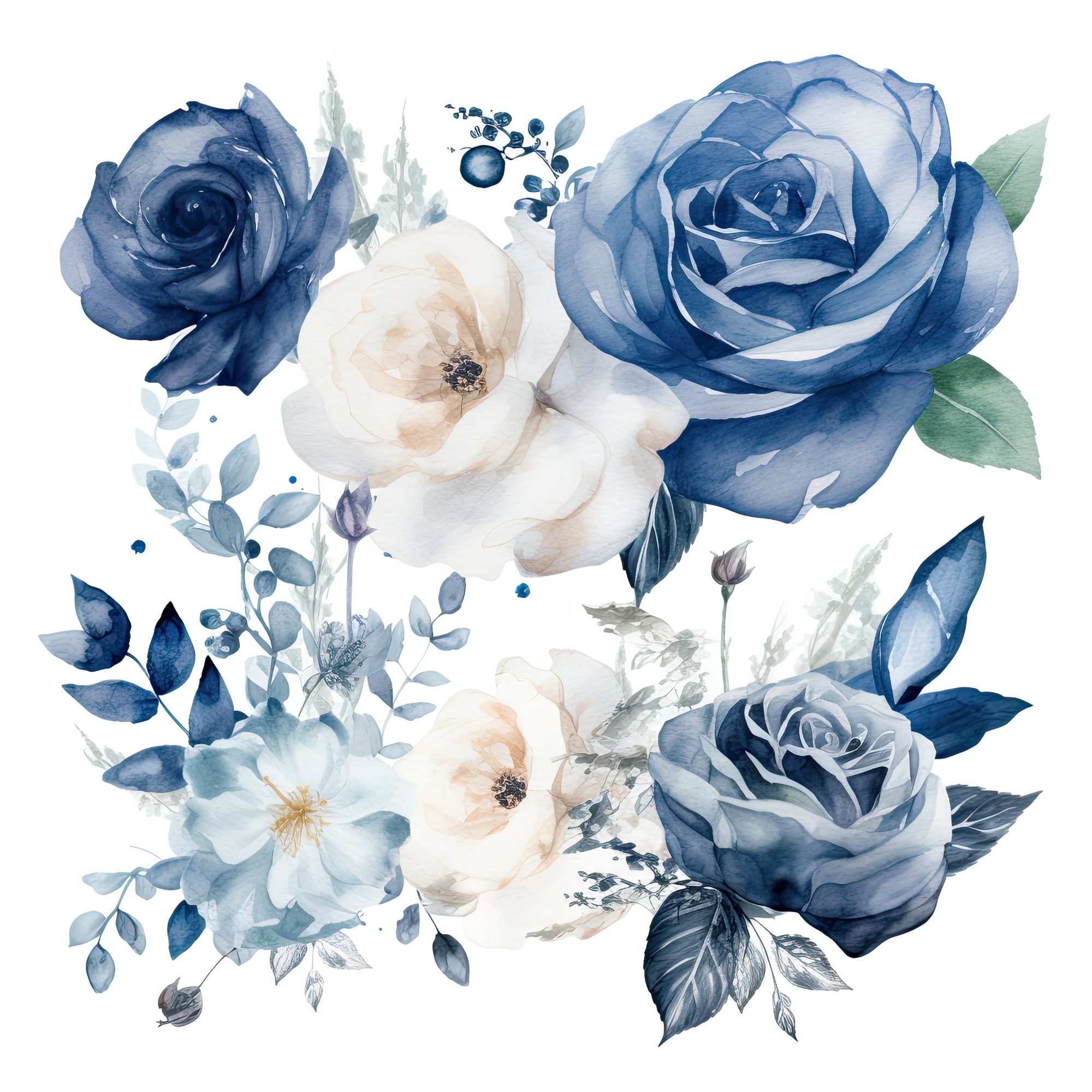 Vintage Blue Roses Clipart 49 High-quality Jpgs Watercolor, Digital ...