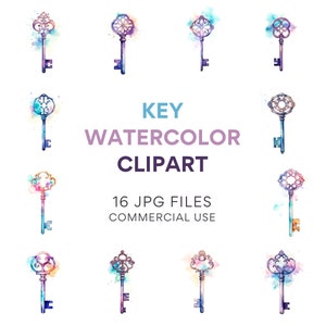 Key Clipart: Watercolor Commercial Use, Digital Download, Magic & Wedding ClipArt, Vintage Antique Keys, Fantasy, Instant JPG