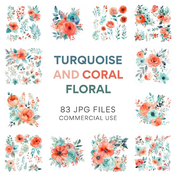 Turquoise and Coral Floral Clipart, Rustic Wedding Flowers, Aqua and Coral Roses, Teal Rose JPG