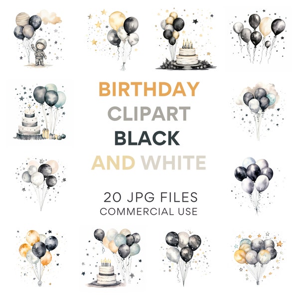Birthday Clipart Black And White | 20 High-Quality JPGs - Watercolor, Junk Journals, Wall Art, Commercial Use, Digital Download