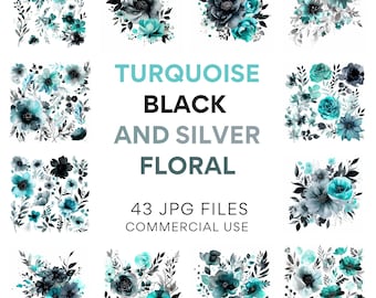 Turquoise zwarte en zilveren bloemen clipart, vintage bruiloft bloemen, Teal rozen in JPG
