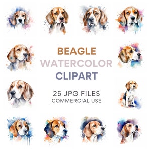 Beagle Clipart, Watercolor Beagle Digital Download, JPG Dog Clipart Pack for Commercial Use, Scrapbook & Digital Crafting, Wall Art Clip Art