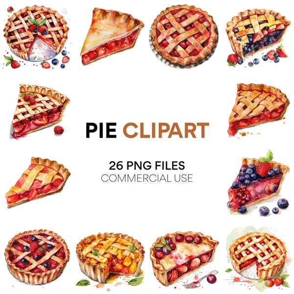 Pie Clipart Variety: Watercolor Food Clipart, Apple & Blueberry Pie PNG, Dessert Clipart, Fall Clipart for Commercial Use, Digital Download