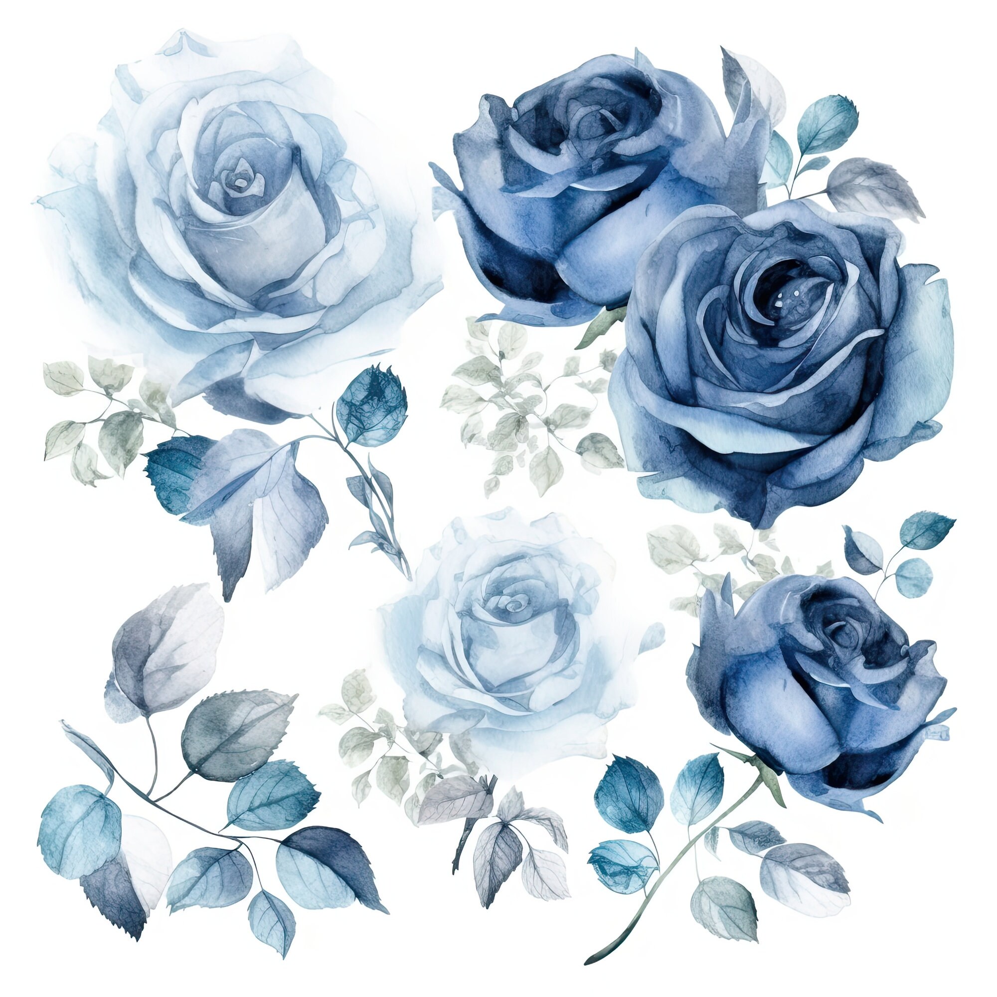 Vintage Blue Roses Clipart 49 High-quality Jpgs Watercolor, Digital ...