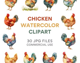 Chicken Clipart Bundle: Watercolor Chicken & Rooster Clipart, Farm Animals, Chicken Coop Art, Digital Download JPG for Commercial Use