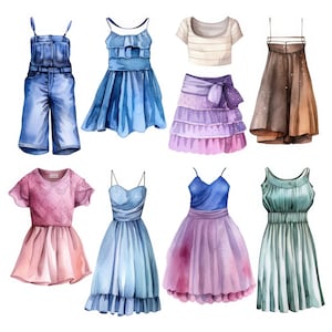 Op de afbeelding: Een set van tien aquarel illustraties van verschillende jurken en rokken. De jurken zijn in verschillende kleuren, waaronder blauw, roze, groen en bruin. De rokken zijn in tinten roze en paars. De illustraties zijn allemaal met de hand geschilderd en hebben een delicate, vrouwelijke uitstraling.