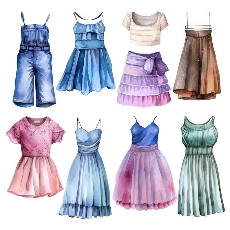 Op de afbeelding: Een set van tien aquarel illustraties van verschillende jurken en rokken. De jurken zijn in verschillende kleuren, waaronder blauw, roze, groen en bruin. De rokken zijn in tinten roze en paars. De illustraties zijn allemaal met de hand geschilderd en hebben een delicate, vrouwelijke uitstraling.