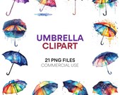 Umbrella Clipart: Watercolor Umbrella & Rainbow Clipart - Rainy Day, Weather PNG for Commercial Use