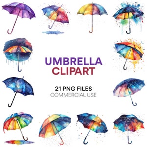 Umbrella Clipart: Watercolor Umbrella & Rainbow Clipart - Rainy Day, Weather PNG for Commercial Use