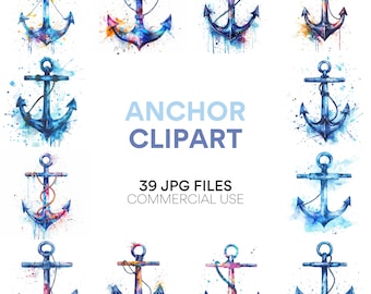 Anchor Clipart Bundle - Watercolor Nautical Clipart - Commercial Use JPG, Instant Digital Download - Clip Art Pack for Paper Crafts