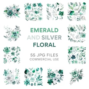 May include: A set of 55 digital watercolor floral illustrations in shades of emerald green and silver. The illustrations feature various flowers, leaves, and branches. The text "EMERALD AND SILVER FLORAL 55 JPG FILES COMMERCIAL USE" is displayed on the image.