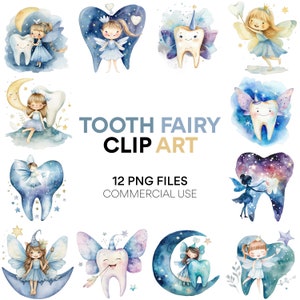 Imágenes prediseñadas de hada de los dientes: Dientes de acuarela y imágenes prediseñadas de hadas para pegatinas de planificador, Scrapbooking digital, Baby Shower y uso comercial