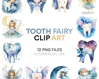 Tooth Fairy Clip Art: Watercolor Teeth & Fairy Clipart for Planner Stickers, Digital Scrapbooking, Baby Shower And Commercial Use