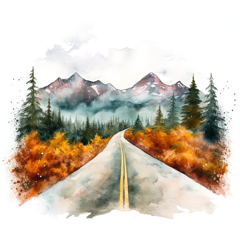 Op de afbeelding: Een aquarel schilderij van een kronkelende weg die door een bos naar een bergketen leidt. De bergen zijn bedekt met mist en de bomen zijn een mix van groen en bruin. De weg is geasfalteerd en heeft een gele lijn in het midden.