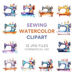 Sewing Clip Art: Vintage Sewing Machine & Tools Watercolor Clipart, Quilting, Stitching and Seamstress Digital Download JPG Files