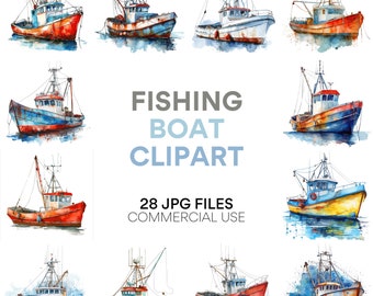 Imágenes prediseñadas de barcos de pesca: Descarga digital de barcos de lubina de acuarela para diseños de sublimación, incluye imágenes prediseñadas de pesca, gráficos de barcos
