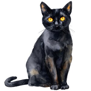 Pode incluir: Um gato preto com olhos amarelos brilhantes senta-se com o rabo enrolado em torno de suas pernas. O gato &eacute; pintado em estilo aquarela.
