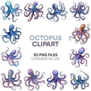 Octopus Clipart: Cute Watercolor Octopus Digital Download for Commercial Use, Ocean Clipart Bundle - Sea Animals, Baby Shower PNG Files