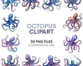 Octopus Clipart: Cute Watercolor Octopus Digital Download for Commercial Use, Ocean Clipart Bundle - Sea Animals, Baby Shower PNG Files