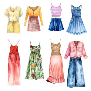 Op de afbeelding: Een set van negen aquarel illustraties van verschillende kledingstukken, waaronder jurken, rokken, tops en broeken. De illustraties zijn in verschillende kleuren en patronen, waaronder rood, blauw, geel, groen en roze.