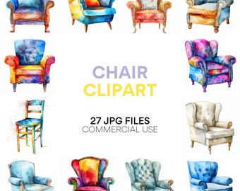 Chair Clipart Bundle: Digital Download, Commercial Use, Watercolor, Furniture Clipart, JPG Files, Digital Crafting, Scrapbook Images