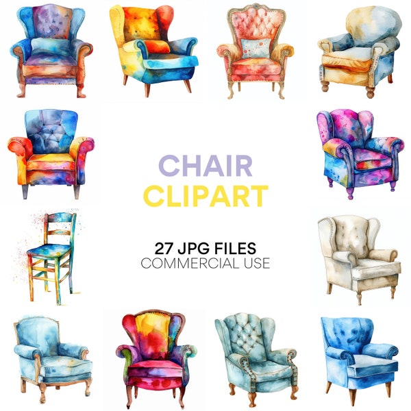 Chair Clipart Bundle: Digital Download, Commercial Use, Watercolor, Furniture Clipart, JPG Files, Digital Crafting, Scrapbook Images