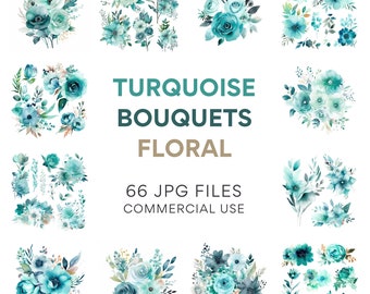 Turquoise boeketten bloemen clipart: rustieke bruiloft vintage bloemen, Teal bloemen JPG Art
