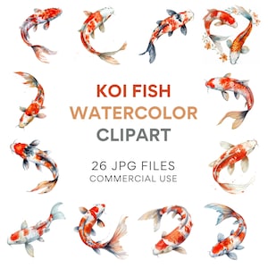 Koi vis clipart-aquarel Japanse karper kunst, tropische vissen JPGs, commercieel gebruik Koi clip art collectie, gouden Koi graphics