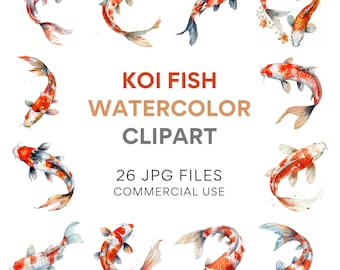 Koi Fish Clipart - Arte de carpa japonesa acuarela, JPG de peces tropicales, colección de imágenes prediseñadas Koi de uso comercial, gráficos Koi dorados