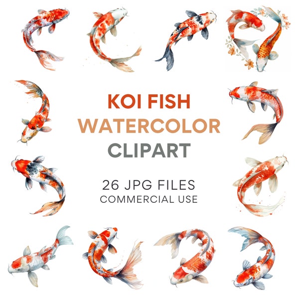 Koi Fish Clipart - Watercolor Japanese Carp Art, Tropical Fish JPGs, Commercial Use Koi Clip Art Collection, Gold Koi Graphics