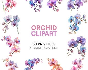 Orkidé Clipart - Akvarell Orkidébukett, Digital Nedladdning & Kommersiellt Använd PNG för Scrapbook-bilder, Blom Clipart