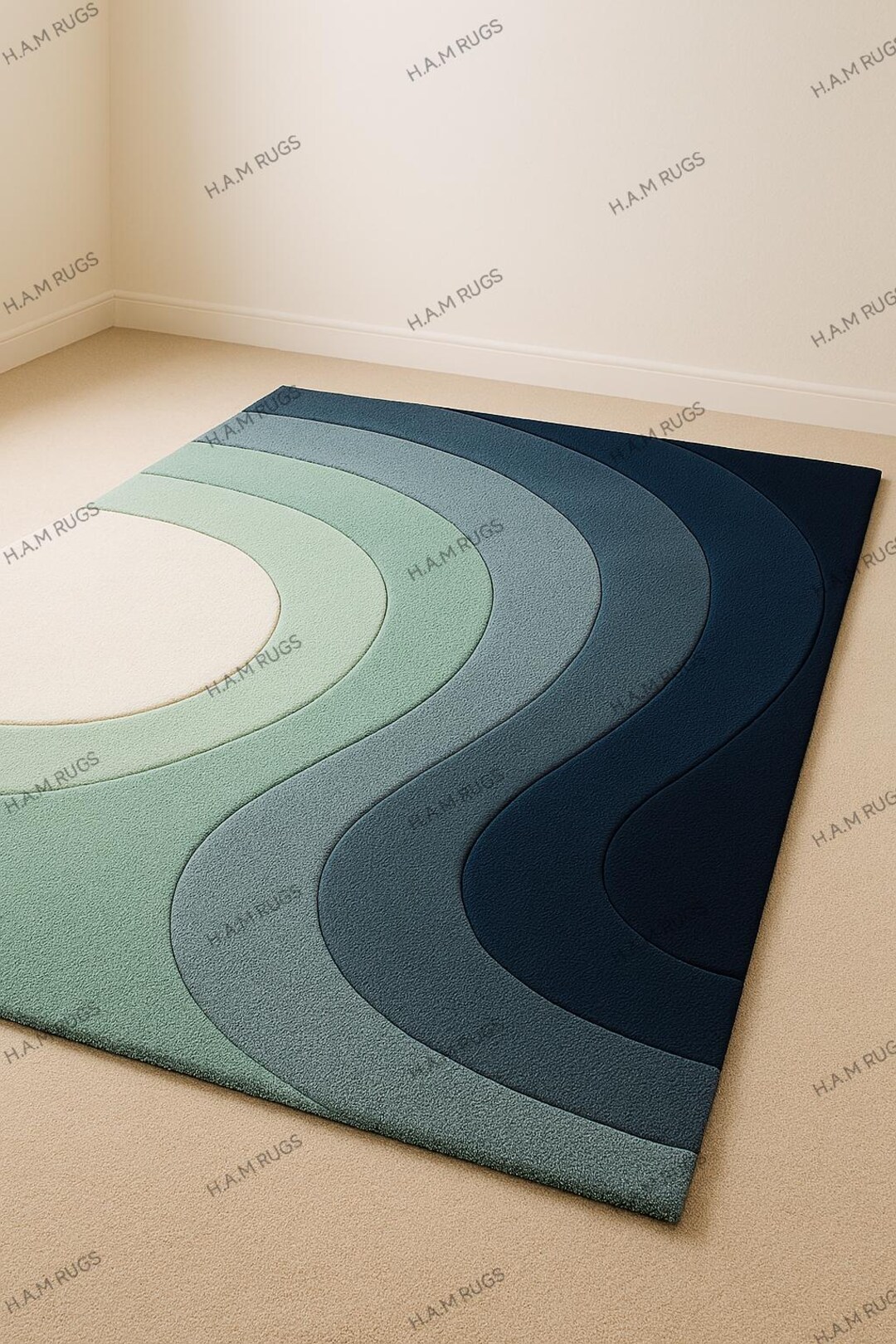 Abstract Curved Line 8x10 Area Rug, Modern Teal,blue,green Colour Block ...