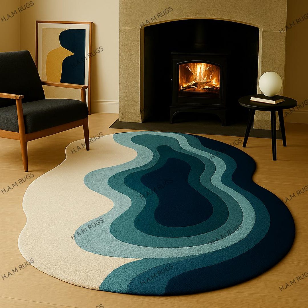 Hand Tufted Wool Rug, Modern Abstract Fluid Waves, Blue Cream Organic ...