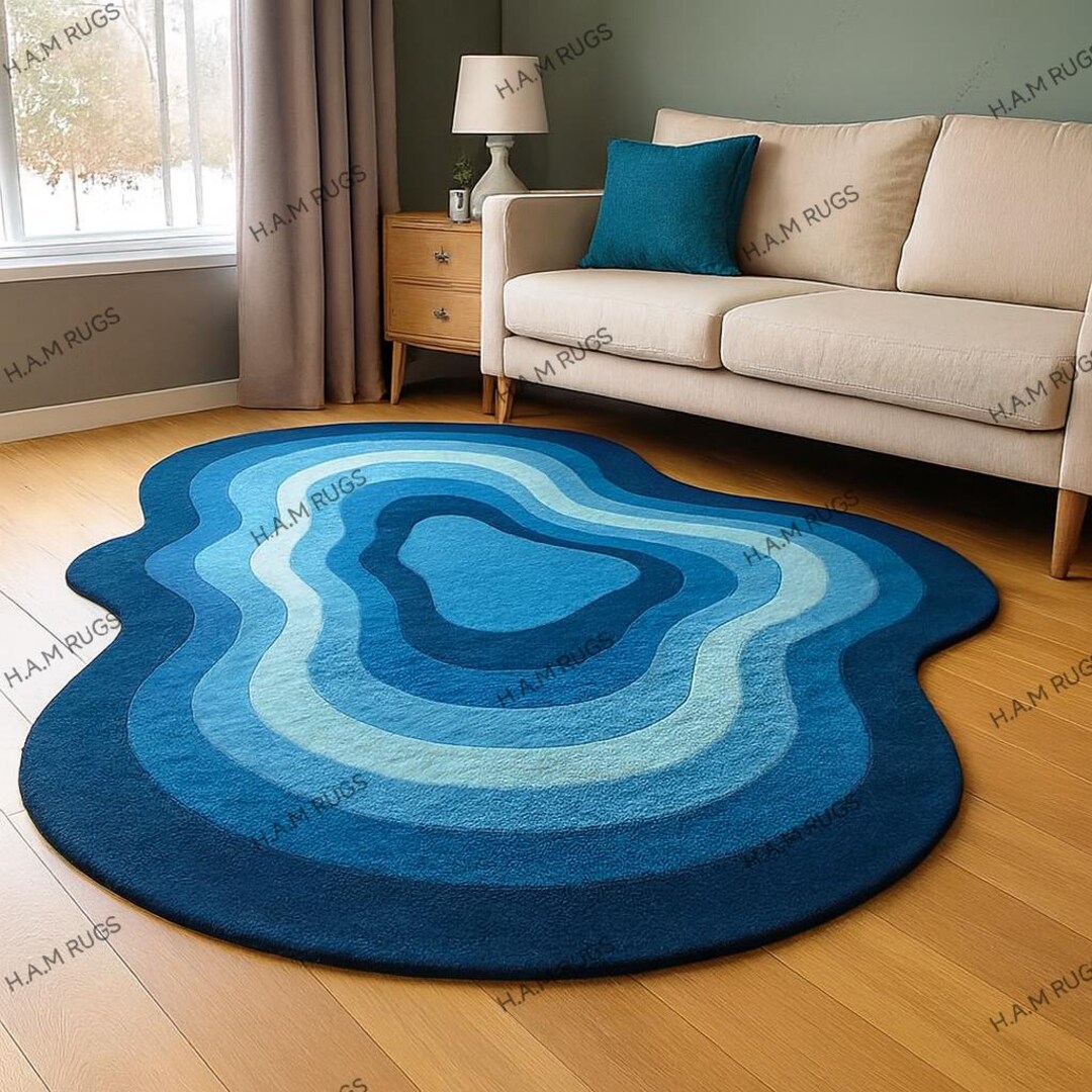 Irregular Blue Wavy Hand Tufted Rug,handmade Organic Shape Area Rug ...