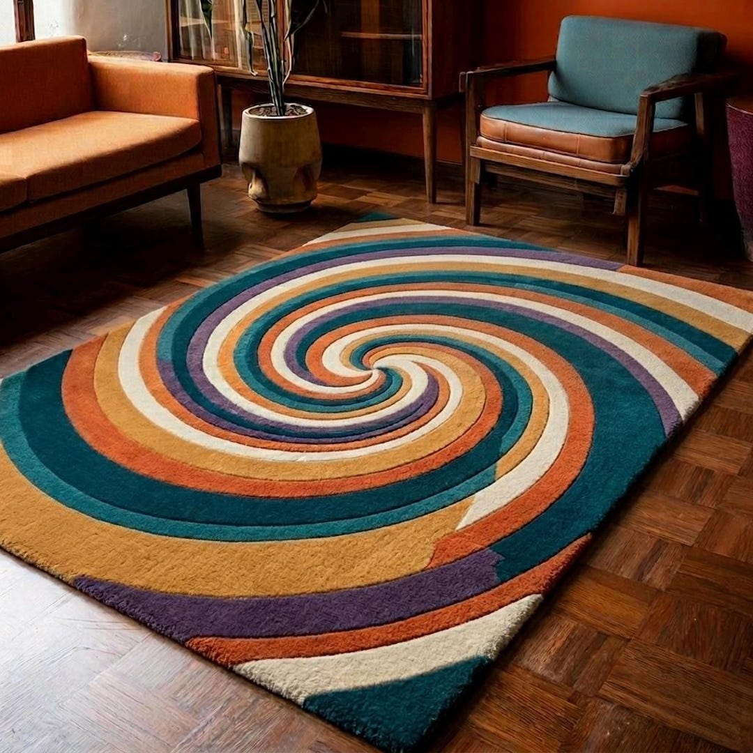 Colorful Spiral Abstract Rug, Hand Tufted Wool Rug, Modern Geometric ...