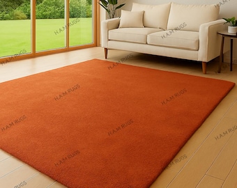 Alfombra naranja quemado / Alfombra de lana terracota tejida a mano / Alfombra minimalista de color liso para sala de estar, dormitorio y oficina (12,7 x 19,8 x 20,3 cm)