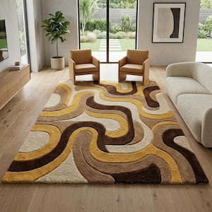 Retro Abstract Rug• Mid Century Modern Area Rug•Mustard Yellow,Brown & Beige Geometric Carpet•Wavy Tufted Rug•Boho Living Room,Bedroom Decor