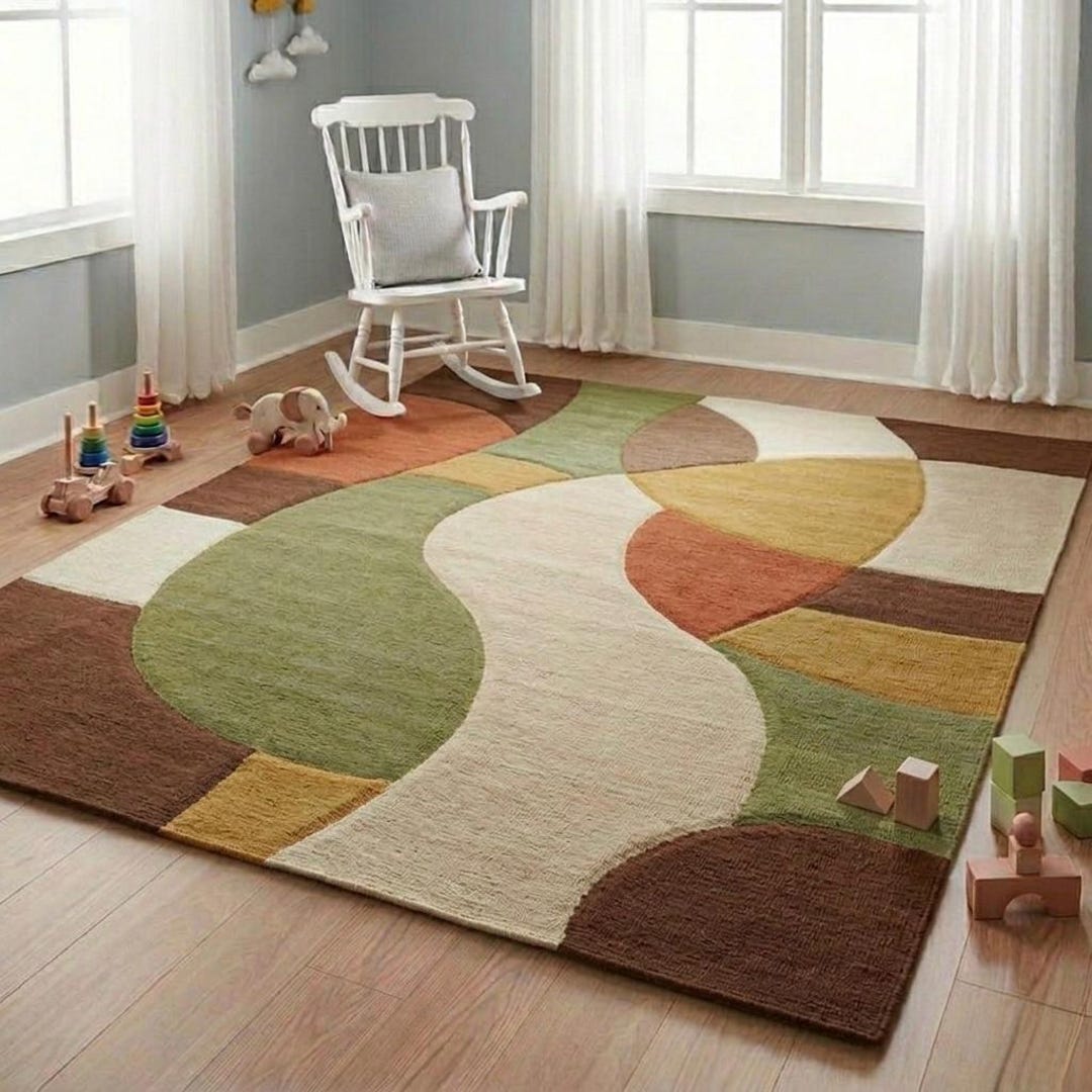 Mid Century Modern Geometric Wool Rug, Abstract Color Block Area Rug ...