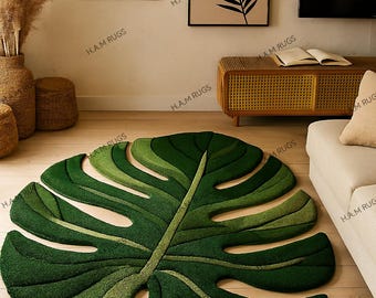 Monstera Blatt Teppich - 5 x 7 ft handgemachter tropischer grüner Pflanzenteppich, grüner botanischer Teppich für Wohnzimmer, Schlafzimmer oder Boho Dschungel Wohnkultur -