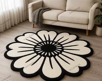 Black and White Flower Shaped Rug – Modern Daisy Floor Mat for Living Room, Bedroom or Nursery-Soft Decorative Area Rug,Floral Boho Style l