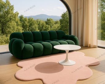 Blush Pink Irregular Area Rug, Modern Organic Shape Hand Tufted Rug for Living Room, Bedroom - Soft Pastel Statement Wavy Edge Floor Carpet-